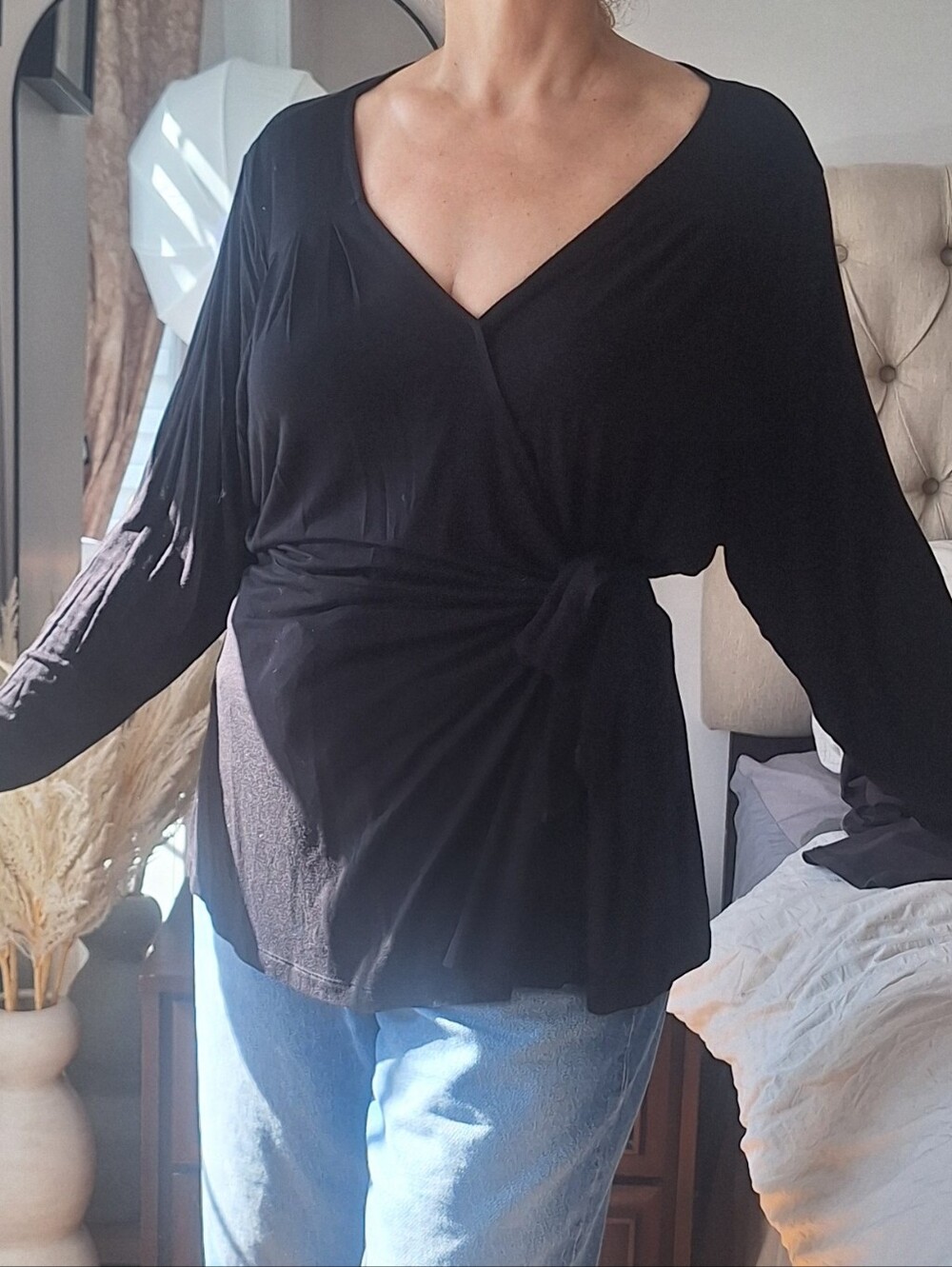 Michel Studio Black Wrap Tie V-Neck Blouse